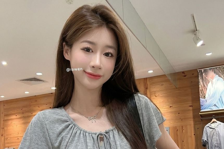 Tie Neck Plain Short Sleeve Top