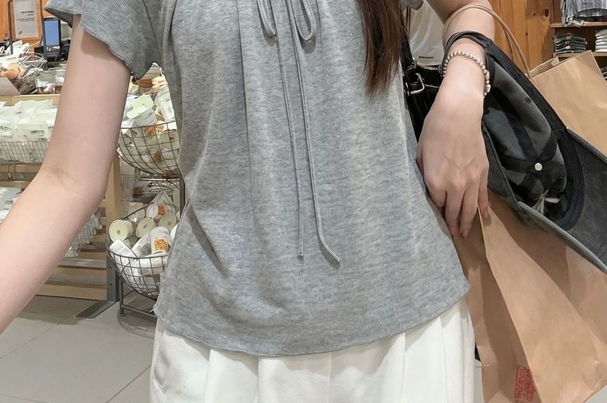 Tie Neck Plain Short Sleeve Top