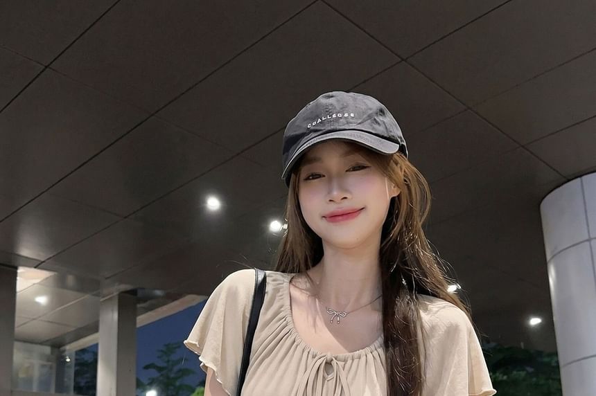 Tie Neck Plain Short Sleeve Top