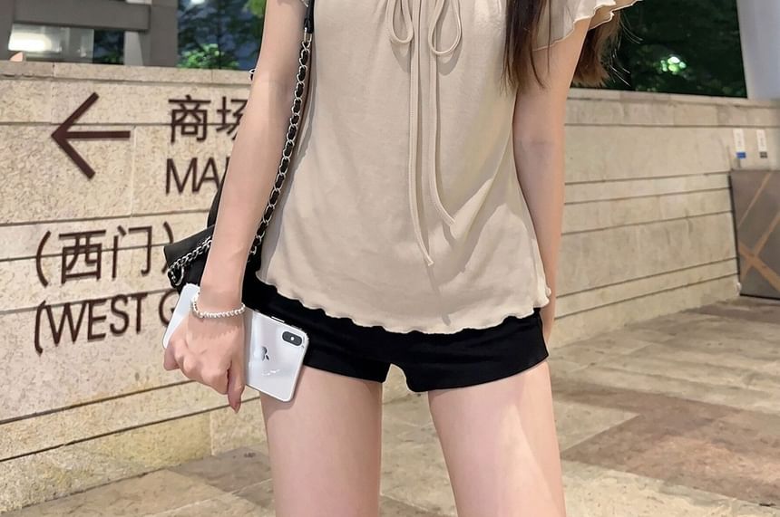 Tie Neck Plain Short Sleeve Top