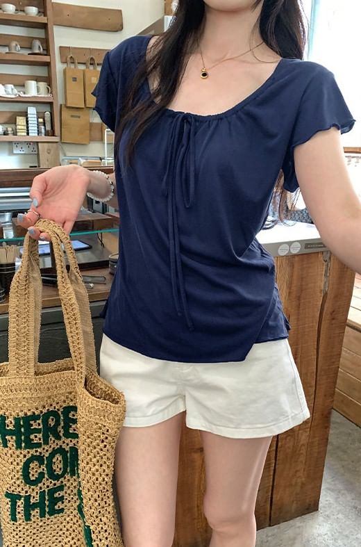 Tie Neck Plain Short Sleeve Top