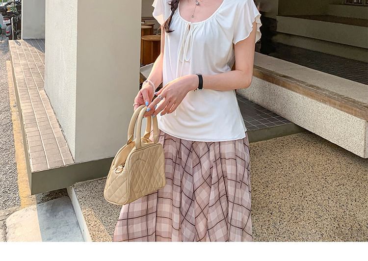 Tie Neck Plain Short Sleeve Top