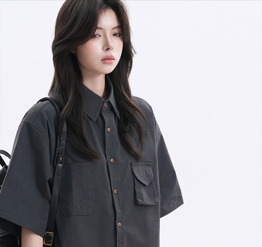 Plain Button-Up Oversized Collared Shirt