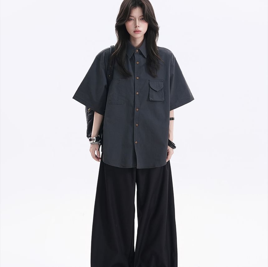 Plain Button-Up Oversized Collared Shirt