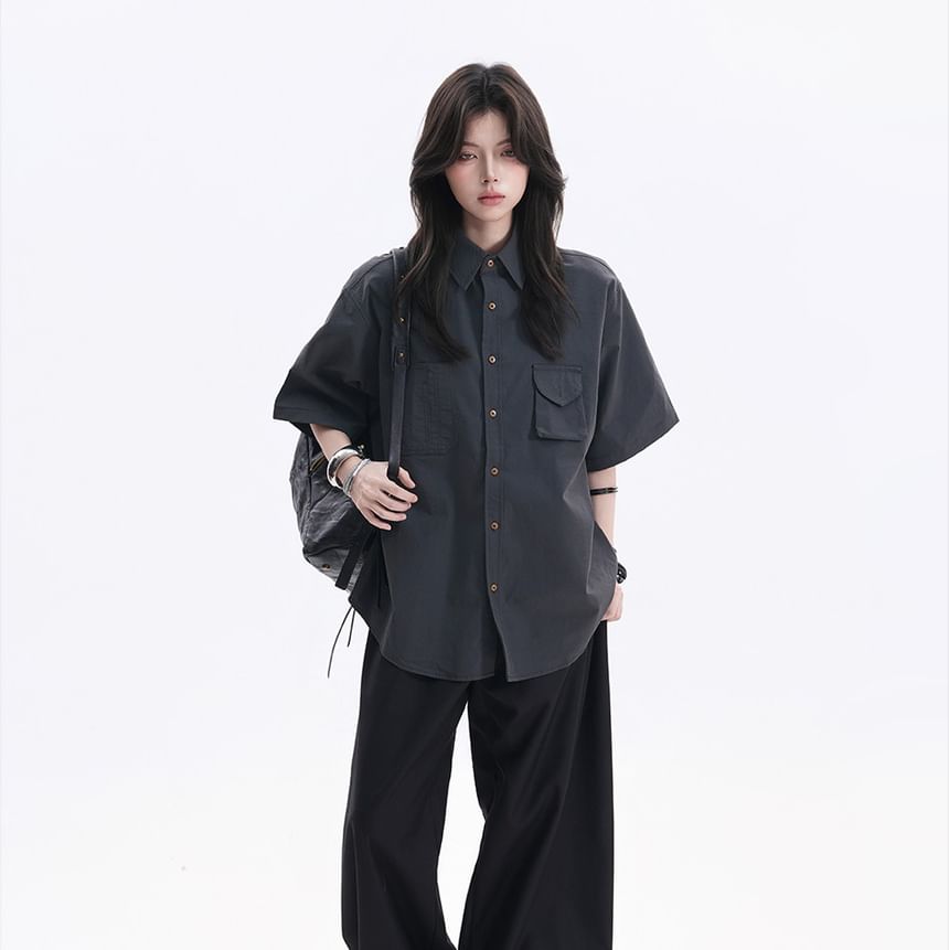 Plain Button-Up Oversized Collared Shirt