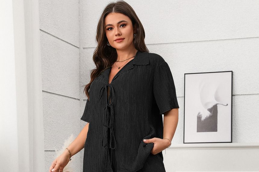 Plus Size Set: V-Neck Blouse and Wide Leg Pants, Short Sleeves