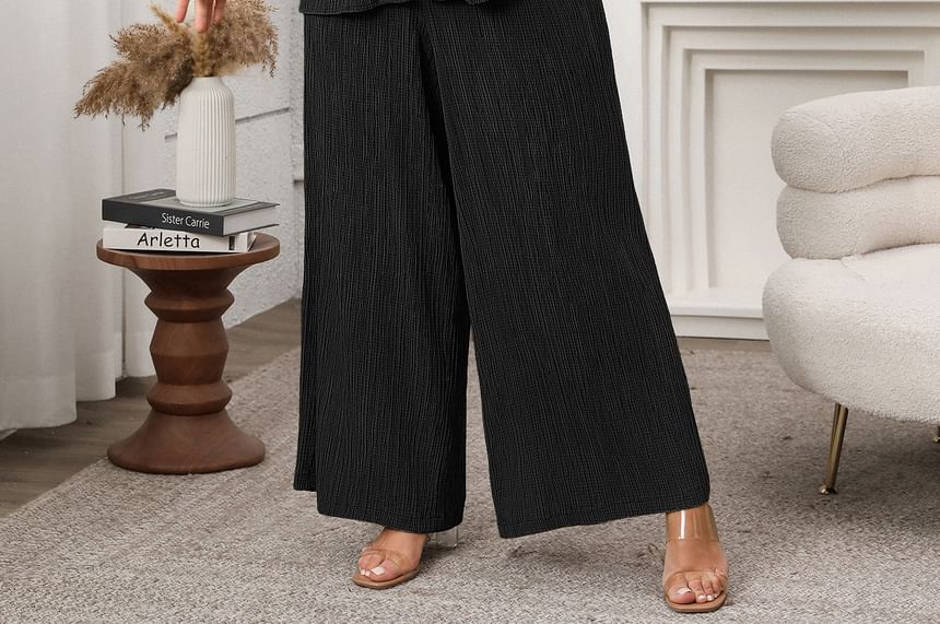 Plus Size Set: V-Neck Blouse and Wide Leg Pants, Short Sleeves