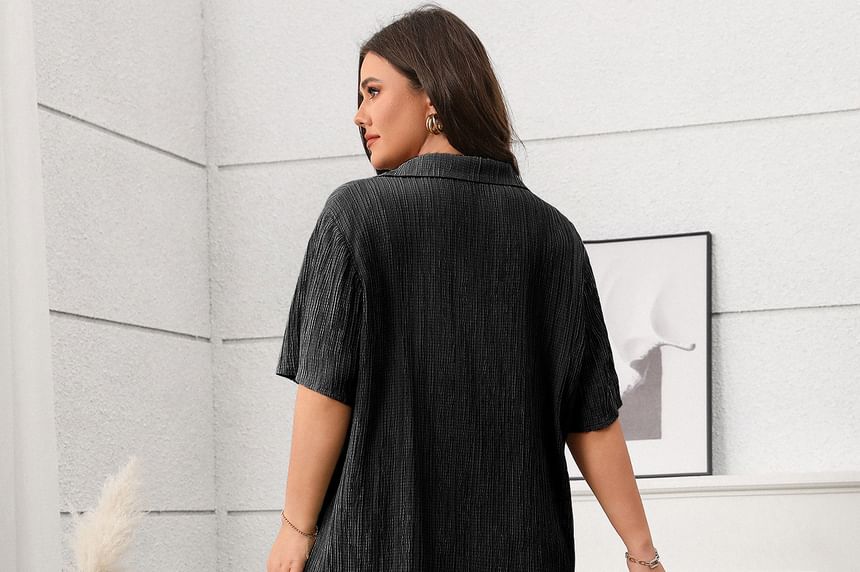 Plus Size Set: V-Neck Blouse and Wide Leg Pants, Short Sleeves