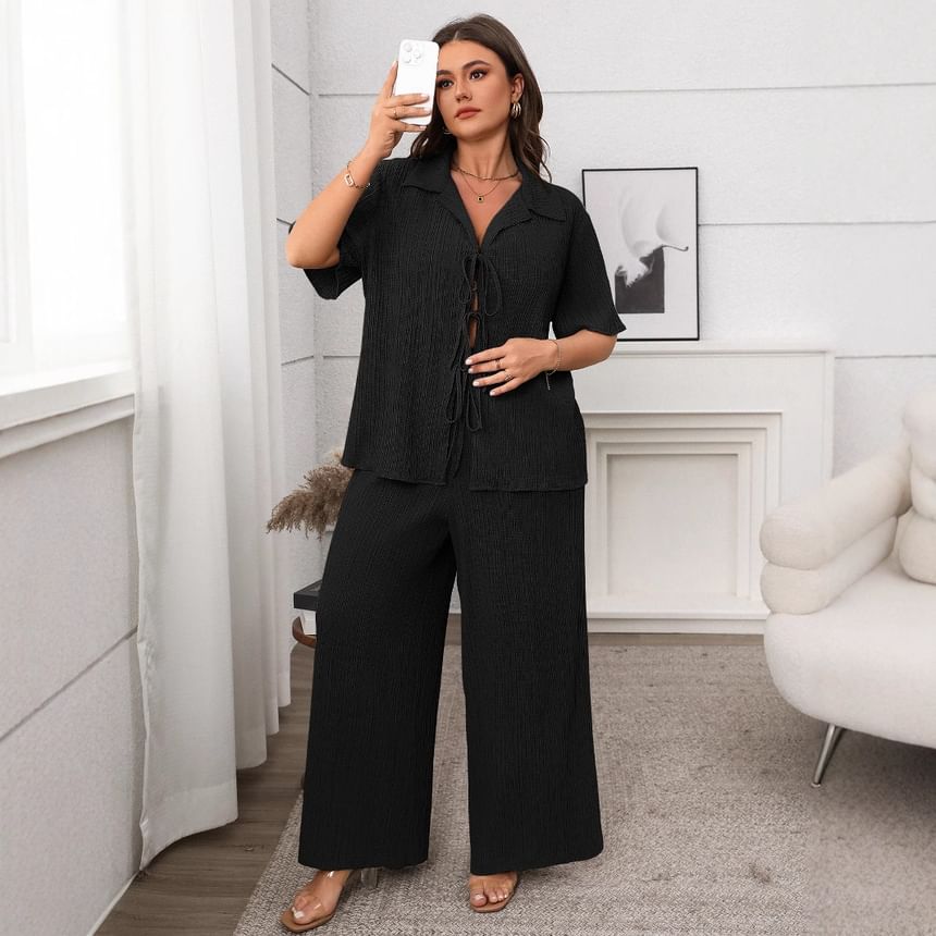 Plus Size Set: V-Neck Blouse and Wide Leg Pants, Short Sleeves