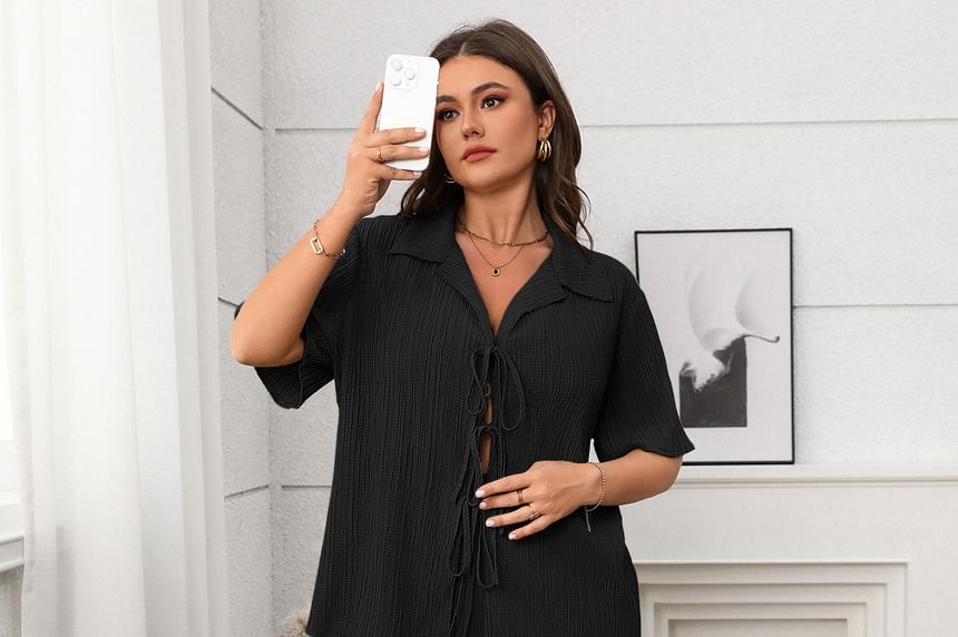 Plus Size Set: V-Neck Blouse and Wide Leg Pants, Short Sleeves