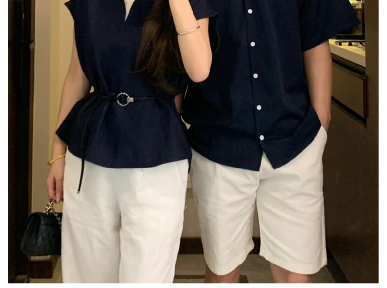 Plain Button-Up Shirt & Cap-Sleeve Top with Belt Set