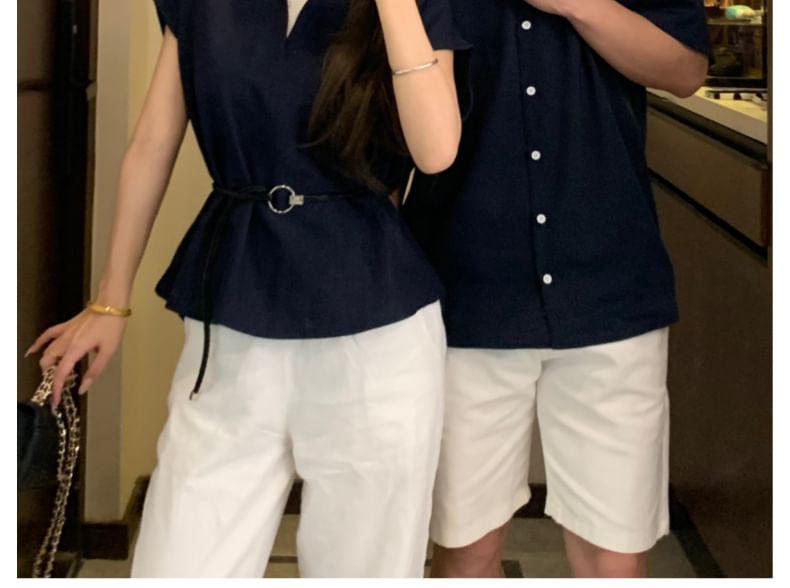 Plain Button-Up Shirt & Cap-Sleeve Top with Belt Set
