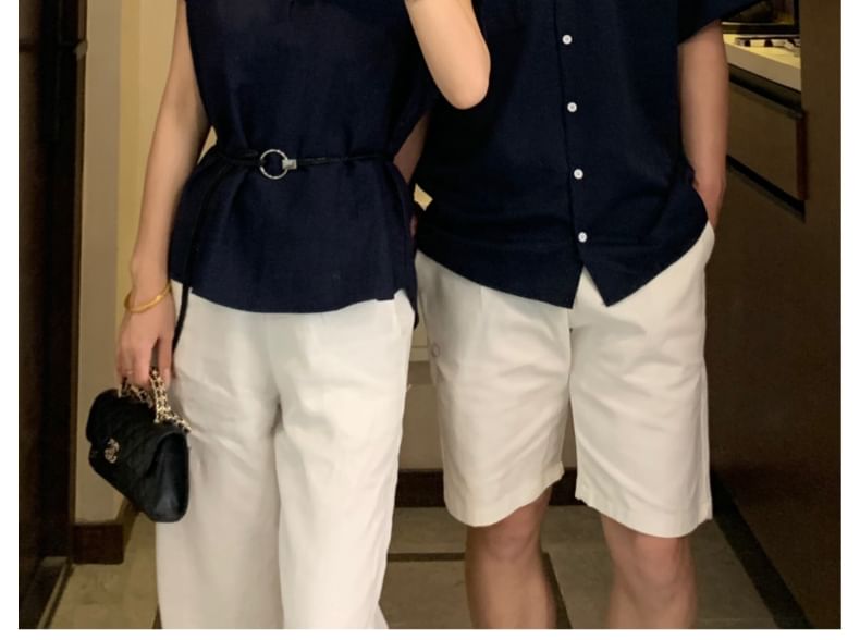 Plain Button-Up Shirt & Cap-Sleeve Top with Belt Set