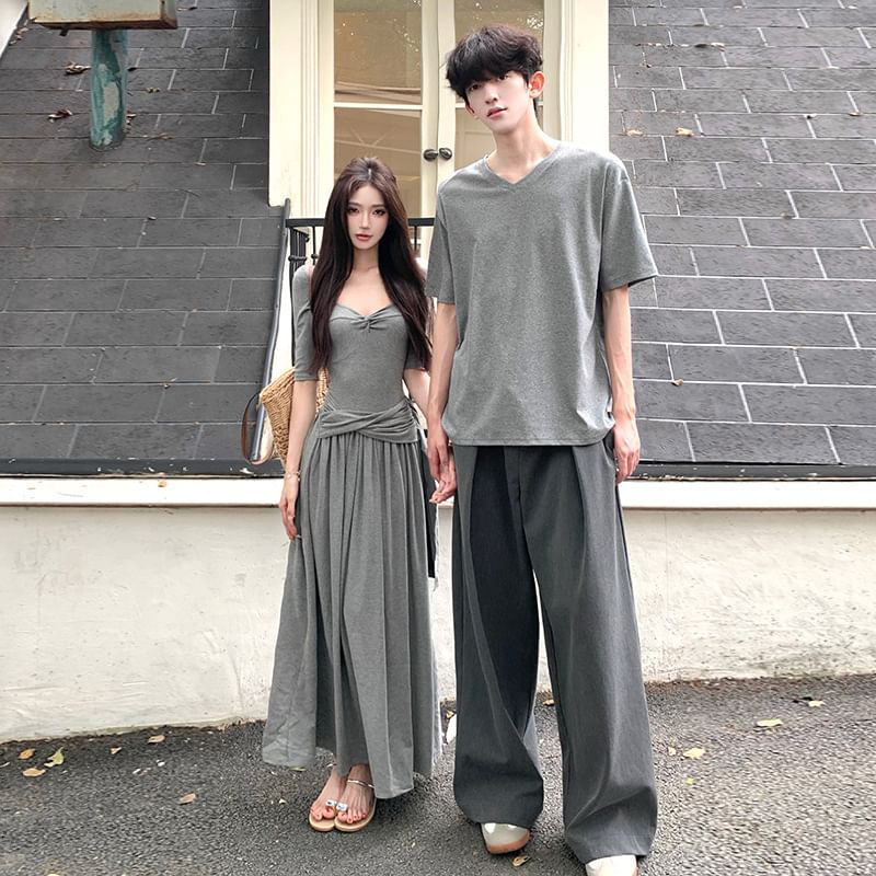 Couple V-Neck Tee & Shirred A-Line Dress Set