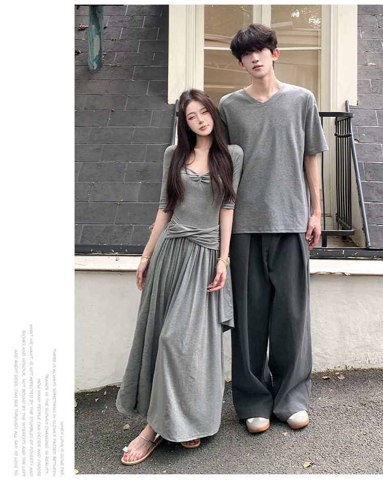 Couple V-Neck Tee & Shirred A-Line Dress Set