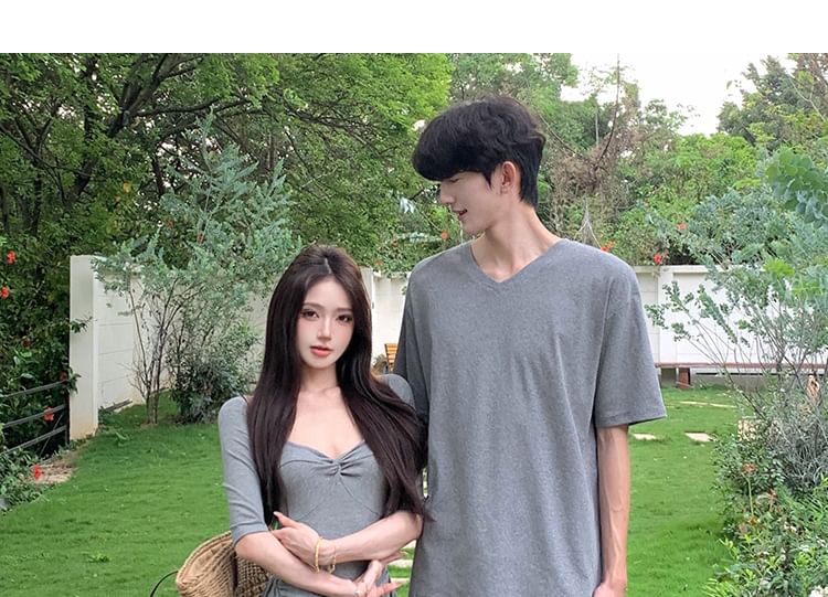 Couple V-Neck Tee & Shirred A-Line Dress Set