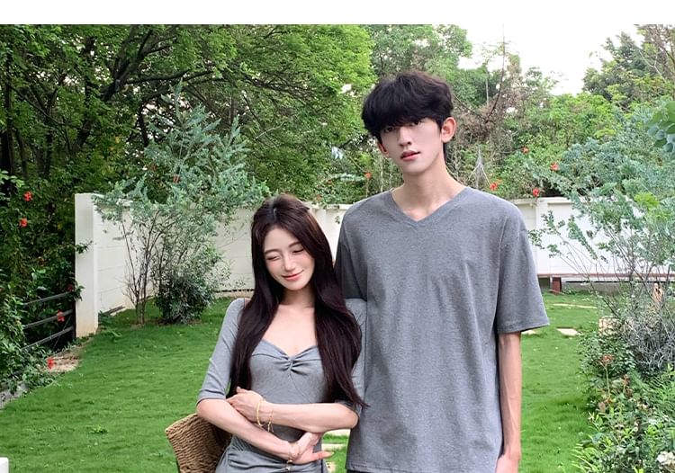 Couple V-Neck Tee & Shirred A-Line Dress Set