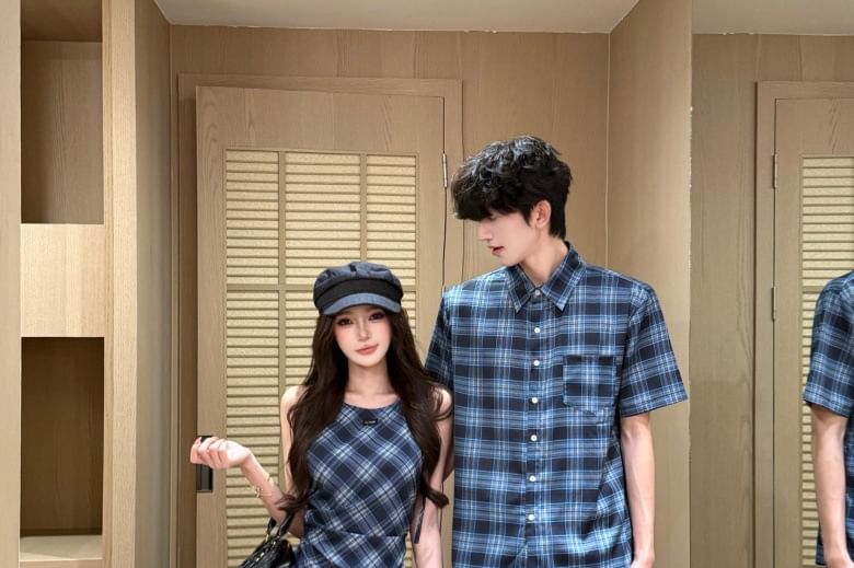 Couple Plaid Button-Up & Asymmetrical Dress Set