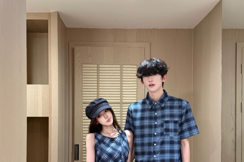 Couple Plaid Button-Up & Asymmetrical Dress Set