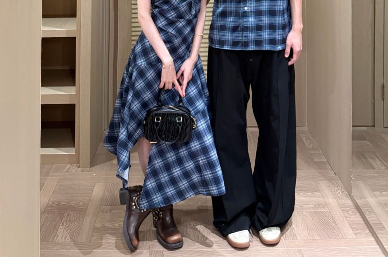 Couple Plaid Button-Up & Asymmetrical Dress Set