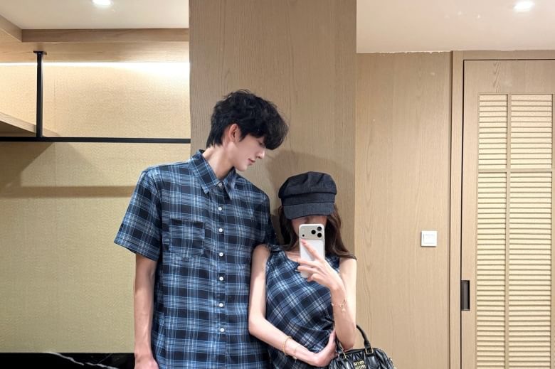 Couple Plaid Button-Up & Asymmetrical Dress Set