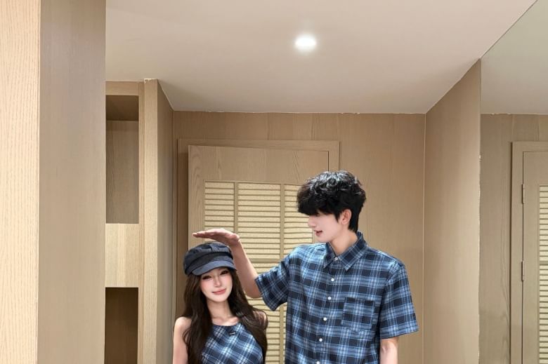 Couple Plaid Button-Up & Asymmetrical Dress Set