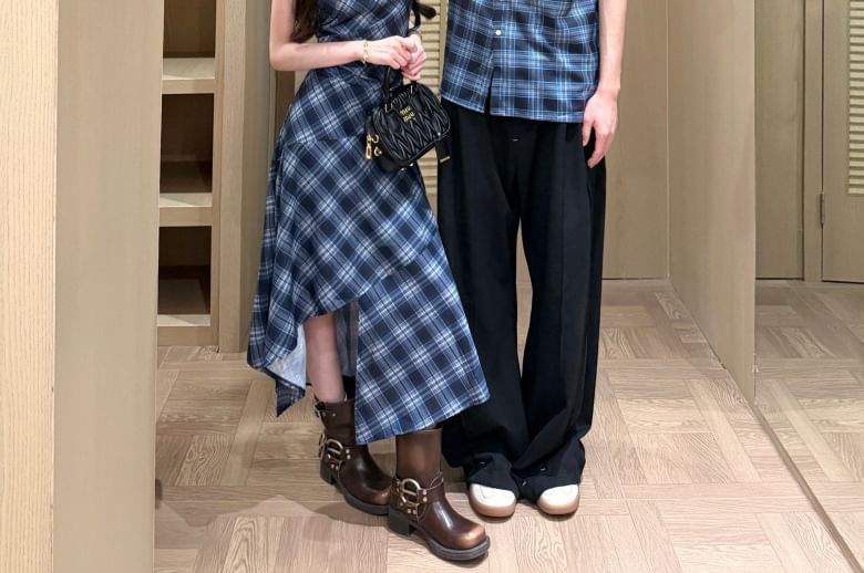 Couple Plaid Button-Up & Asymmetrical Dress Set