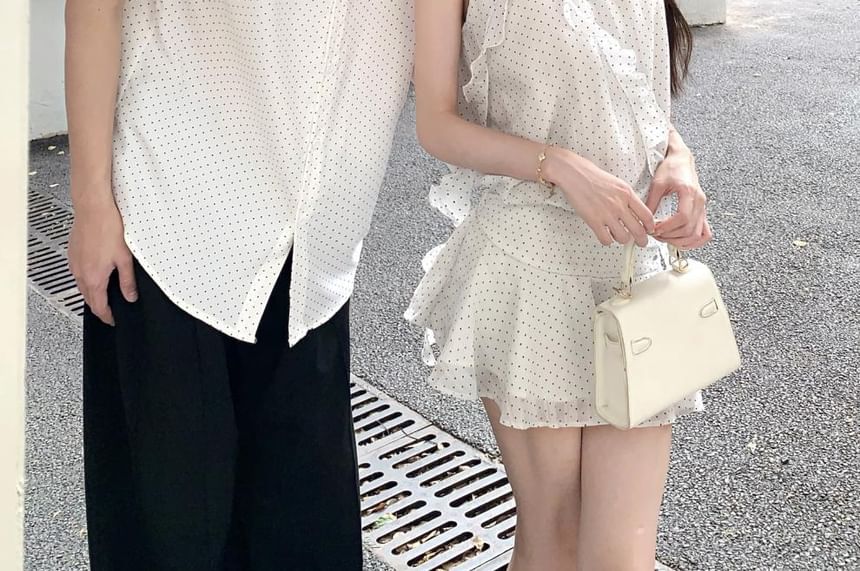 Dotted Button-Up Shirt & Ruffled Mini A-Line Dress Set
