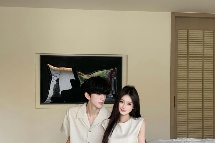 Plain Button-Up Shirt & Sleeveless A-Line Midi Dress