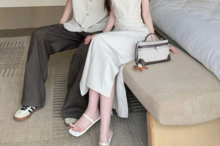 Plain Button-Up Shirt & Sleeveless A-Line Midi Dress