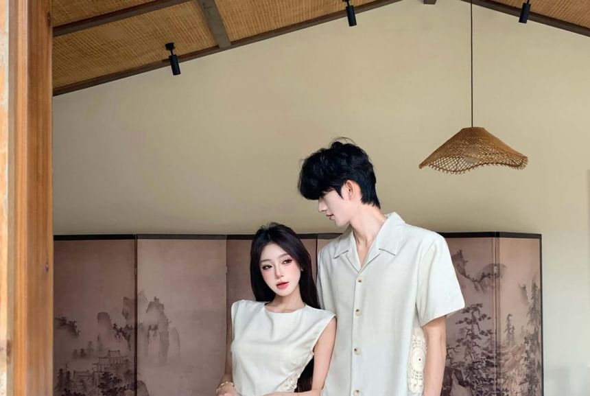 Plain Button-Up Shirt & Sleeveless A-Line Midi Dress