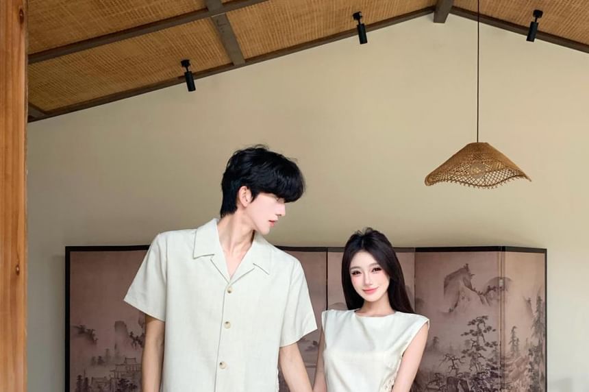 Plain Button-Up Shirt & Sleeveless A-Line Midi Dress