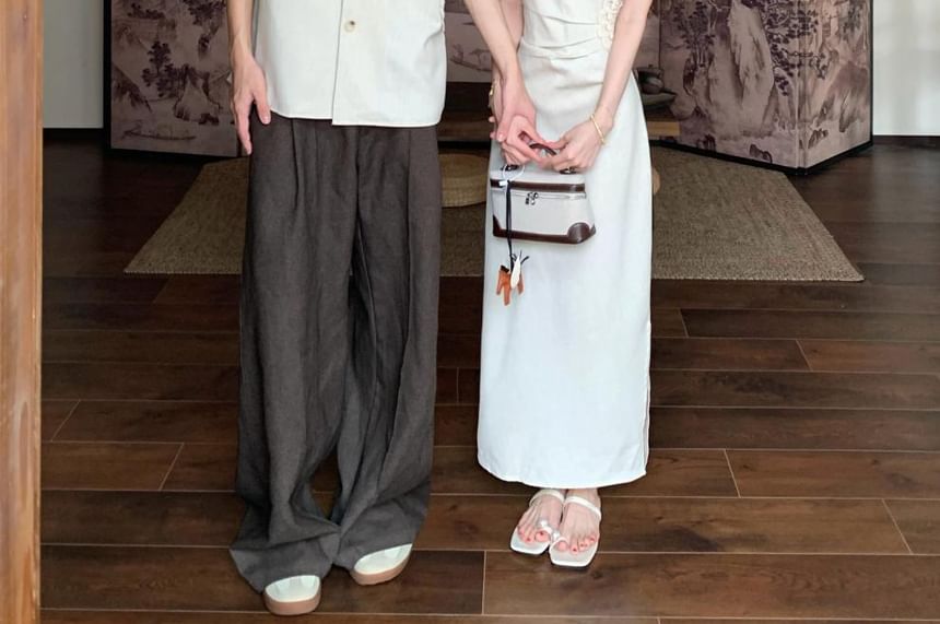 Plain Button-Up Shirt & Sleeveless A-Line Midi Dress