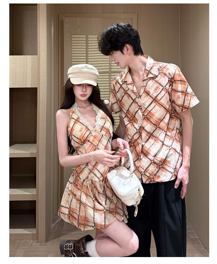 Couple Argyle Button-Up & Spaghetti Strap Dress Set