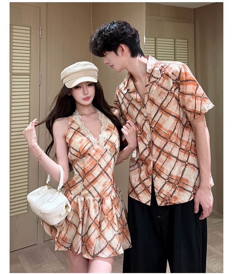 Couple Argyle Button-Up & Spaghetti Strap Dress Set