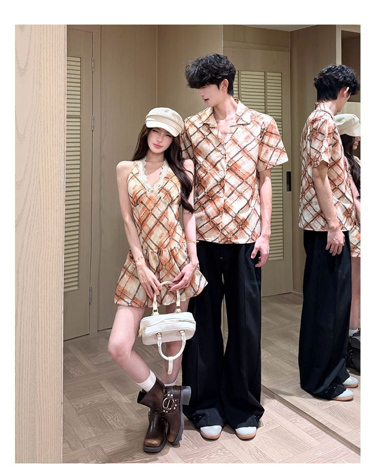 Couple Argyle Button-Up & Spaghetti Strap Dress Set