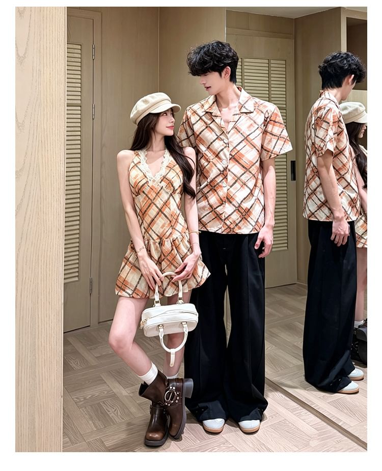 Couple Argyle Button-Up & Spaghetti Strap Dress Set