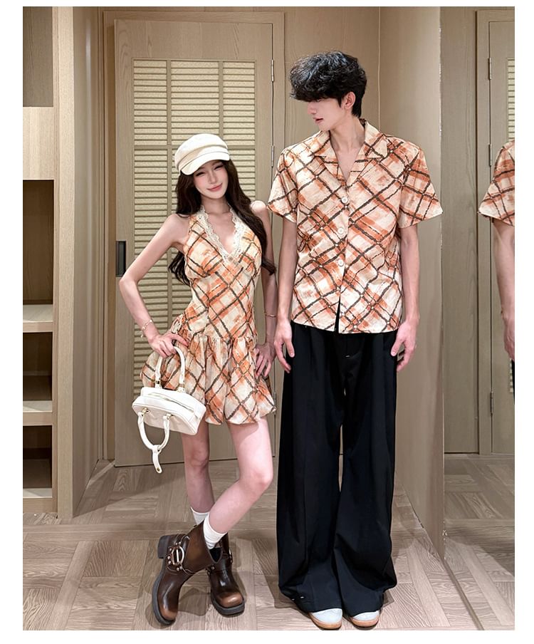 Couple Argyle Button-Up & Spaghetti Strap Dress Set