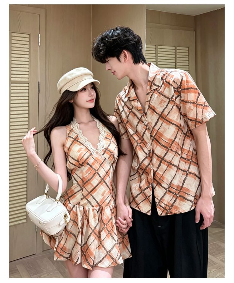 Couple Argyle Button-Up & Spaghetti Strap Dress Set