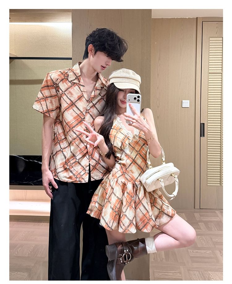 Couple Argyle Button-Up & Spaghetti Strap Dress Set