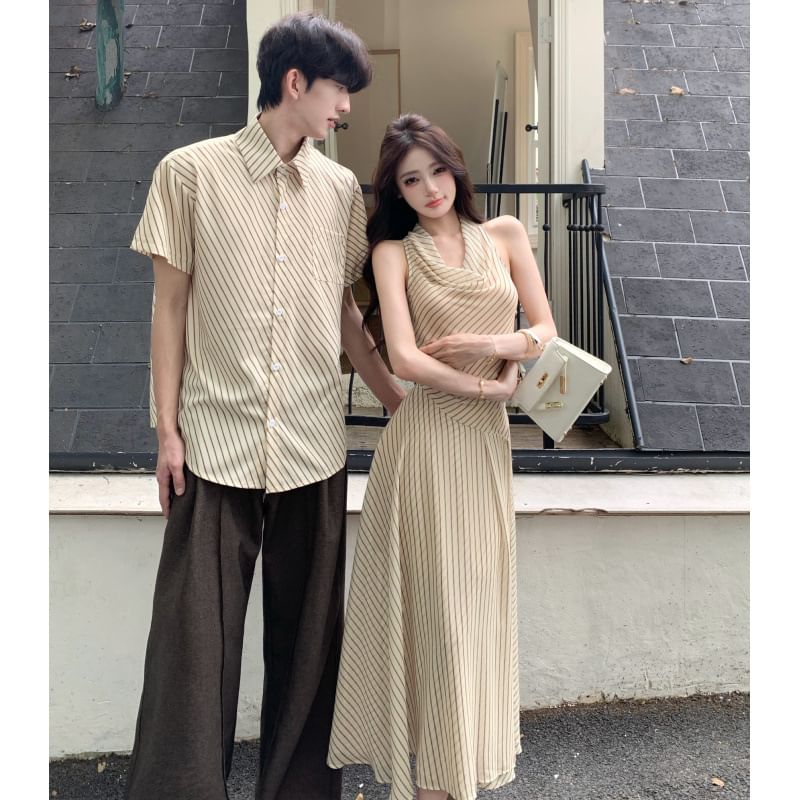 Matching Striped Casual Shirt & Halter A-Line Midi Dress