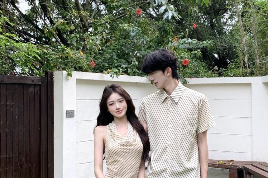 Matching Striped Casual Shirt & Halter A-Line Midi Dress