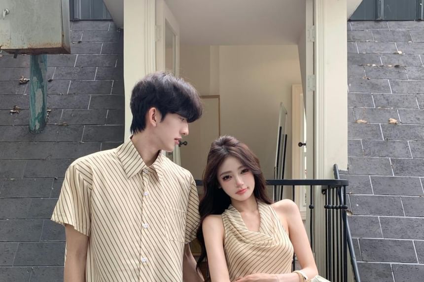 Matching Striped Casual Shirt & Halter A-Line Midi Dress