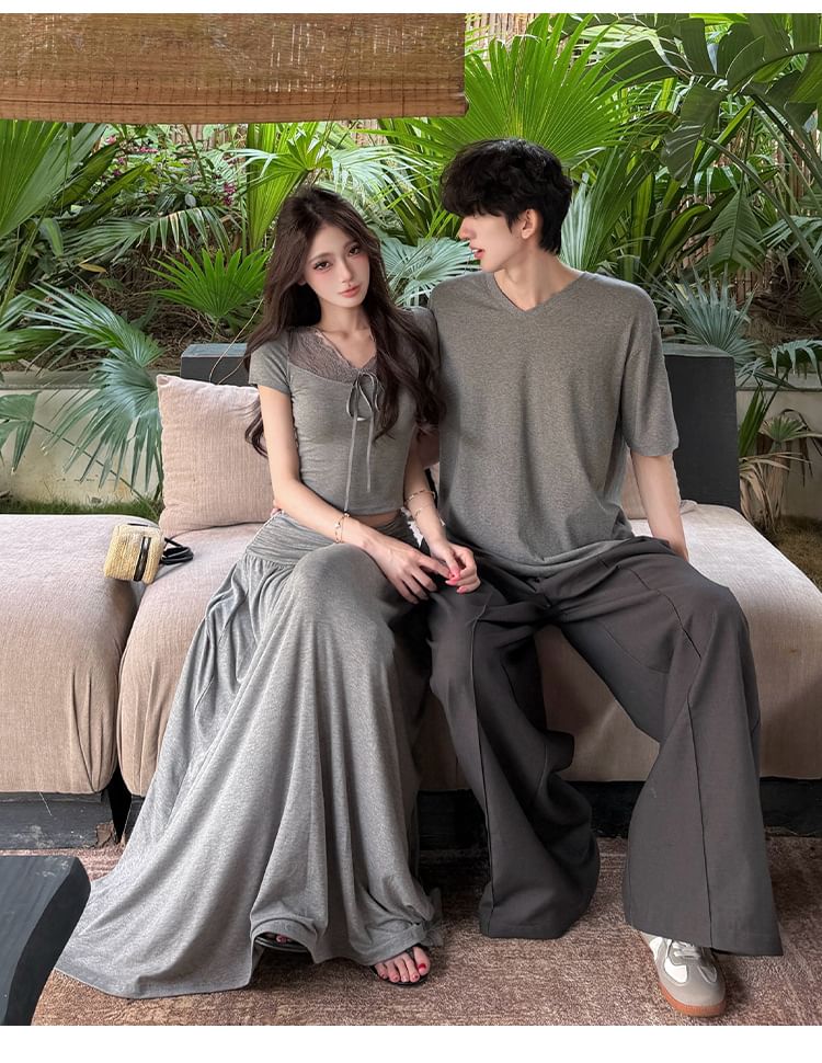 V-Neck T-Shirt & Lace Crop Top with A-Line Midi Skirt Set
