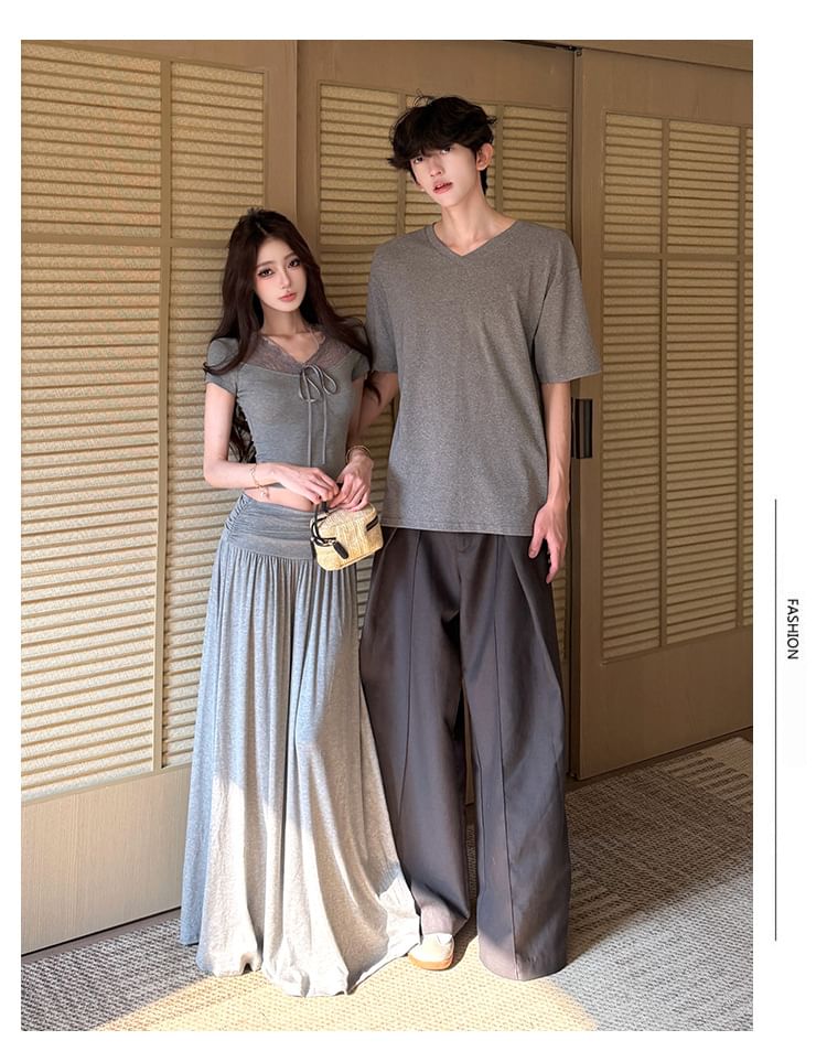 V-Neck T-Shirt & Lace Crop Top with A-Line Midi Skirt Set