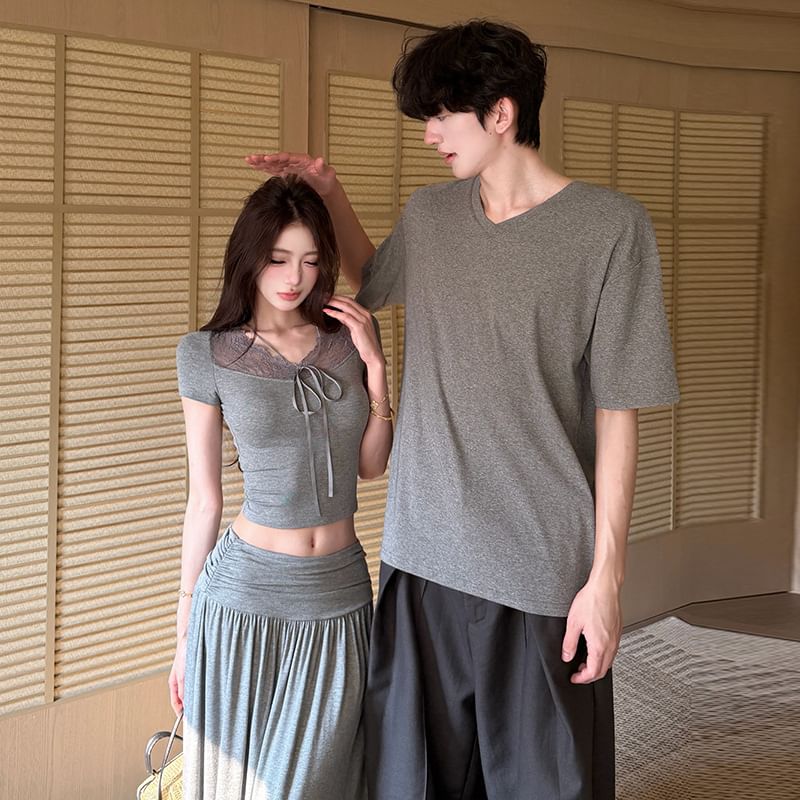 V-Neck T-Shirt & Lace Crop Top with A-Line Midi Skirt Set