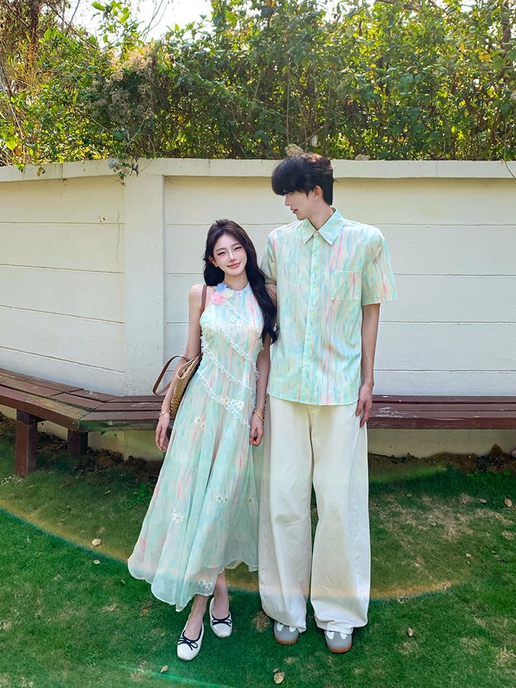 Tie-Dye Button-Up Shirt & Lace Halter A-Line Midi Dress