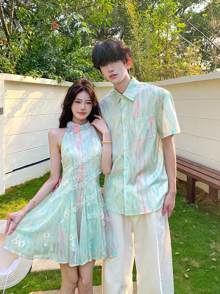 Tie-Dye Button-Up Shirt & Lace Halter A-Line Midi Dress