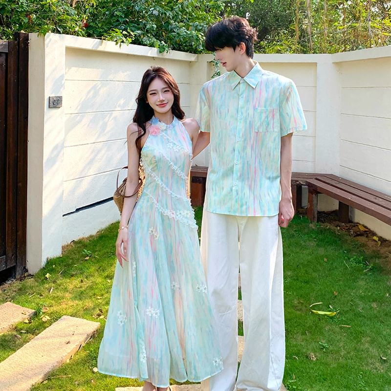 Tie-Dye Button-Up Shirt & Lace Halter A-Line Midi Dress