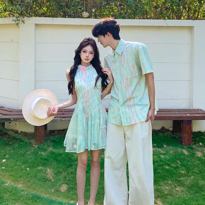 Tie-Dye Button-Up Shirt & Lace Halter A-Line Midi Dress
